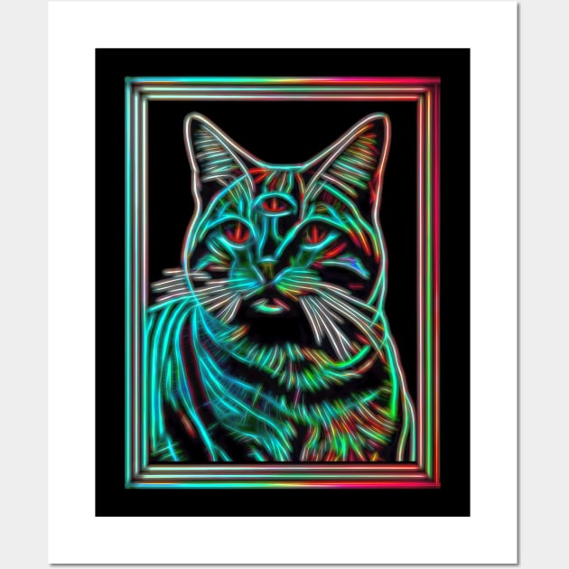 Third Eye Cat - Black Cat Glow Neon Style Wall Art by Mr.FansArt